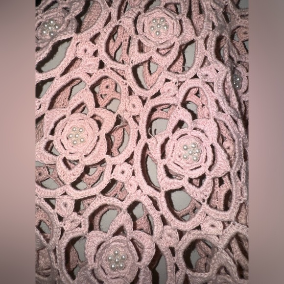 Vintage 80’s Reference Point Pastel Pink Crochet Floral Pearl Cotton Cardigan - Picture 4 of 7